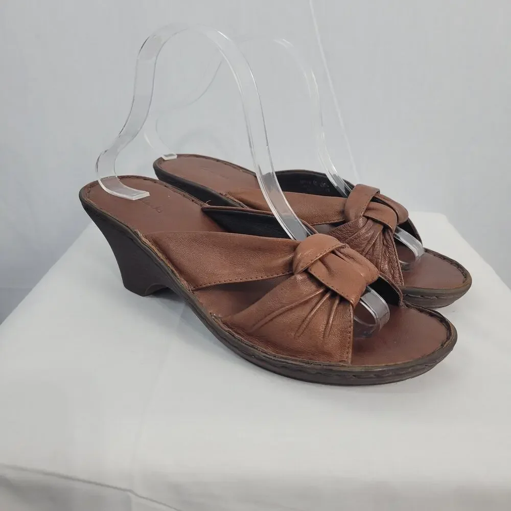 Clarks Leather Knotted Stacked Heel Slip-on Sandals size 9B Brown Boho Hippie